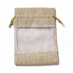 Linen Pouches, Drawstring Bags, with Organza Windows, Rectangle, Antique White, 14x10x0.5cm(ABAG-I009-02E)