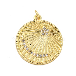 Rack Plating Brass Micro Pave Cubic Zirconia Pendants, with Jump Ring, Long-Lasting Plated, Cadmium Free & Lead Free, Flat Round with Moon & Star, Real 18K Gold Plated, 25x22.5x2.5mm, Hole: 2.5mm(X-KK-C074-50G)