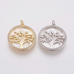 Brass Micro Pave Cubic Zirconia Pendants, with White Shell, Lead Free & Cadmium Free, Flat Round with Tree of Life, Mixed Color, 24x22x3mm, Hole: 2.5mm(ZIRC-F083-005-RS)