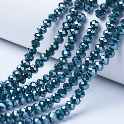 Electroplate Glass Beads Strands, Pearl Luster Plated, Faceted, Rondelle, Dark Green, 4x3mm, Hole: 0.4mm, about 113~115pcs/strand, 41~42cm(EGLA-A034-P4mm-A14)