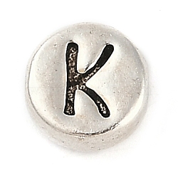 925 Sterling Silver Flat Round with Letter Beads, with 925 Stamp, Antique Silver, Letter K, 6.5x3mm, Hole: 1.2mm(STER-G044-01AS-K)