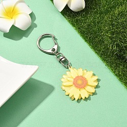 Acrylic Daisy Pendant Decoration, with Alloy Keychain Clasp, Yellow, 91mm(HJEW-YW00028-04)