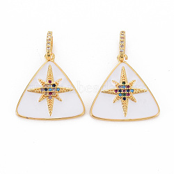 Brass Micro Pave Colorful Cubic Zirconia Pendants, with Enamel, Nickel Free, Real 18K Gold Plated, Triangle, White, 20x20x2mm, Hole: 7X3.5mm(KK-S354-333-NF)