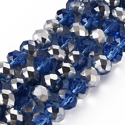 Electroplate Transparent Glass Beads Strands, Half Silver Plated, Faceted, Rondelle, Medium Blue, 8x6mm, Hole: 1mm, about 72pcs/strand, 16.14 inch(41cm)(EGLA-A034-T8mm-M25)