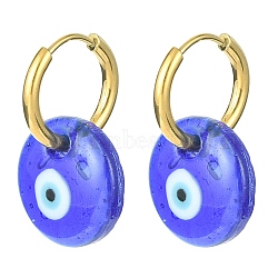 Blue Lampwork Evil Eye Dangle Hoop Earrings, 304 Stainless Steel Jewelry, Golden, 24x15mm(EJEW-JE05276-02)