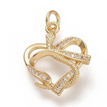Brass Micro Pave Clear Cubic  Zirconia Pendants, with Jump Rings, Heart with Snake, Real 18K Gold Plated, 21x17x3mm, Jump Ring: 5x1mm, 3mm Inner Diameter