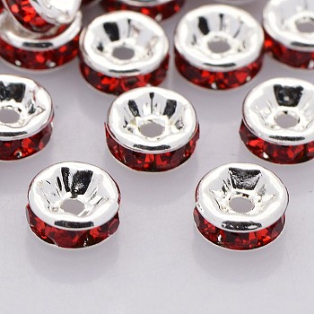 Brass Rhinestone Spacer Beads, Grade A, Straight Flange, Silver Color Plated, Rondelle, Light Siam, 8x3.8mm, Hole: 1.5mm