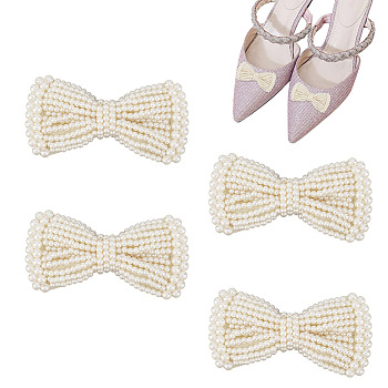 4Pcs Cloth Bowknots Shoe Decorations, with Plastic Imitation Pearl Beads, Antique White, 51x98x19mm