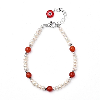 Natural Red Agate/Carnelian(Dyed & Heated)(Dyed) Beaded Bracelets, with Evil Eye Lampwork Beads, Natural Pearl Beads, Brass Beads and 304 Stainless Steel Lobster Claw Clasps, 7-7/8 inch(20cm)