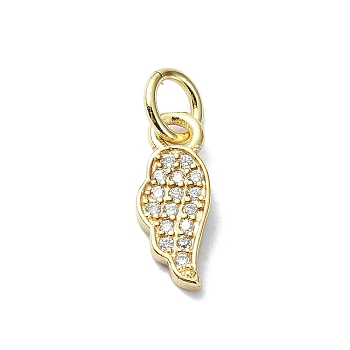 Brass Micro Pave Clear Cubic Zirconia Charms, with Jump Ring, Wing Charm, Real 18K Gold Plated, 12x5x1.5mm, Hole: 3mm