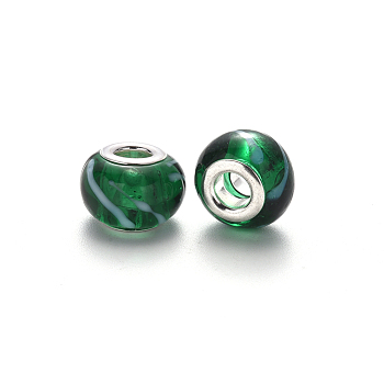Handmade Lampwork European Beads, Large Hole Rondelle Beads, with Platinum Tone Brass Double Cores, Green, 14~15x9~10mm, Hole: 5mm