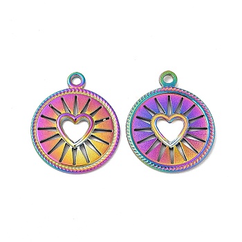 Ion Plating(IP) 304 Stainless Steel Pendants, Flat Round with Hollow Out Heart Charms, Rainbow Color, 18x14.5x1.5mm, Hole: 1.5mm
