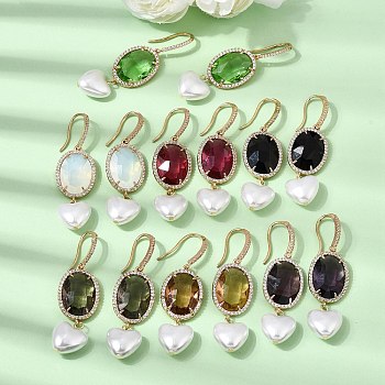 Brass Micro Pave Cubic Zirconia Dangle Earrings, Heart & Oval, with Glass & ABS Plastic Pearl, Rack Plating, Long-Lasting Plated, Cadmium Free & Lead Free, Real 18K Gold Plated, Mixed Color, 57x16~16.5mm
