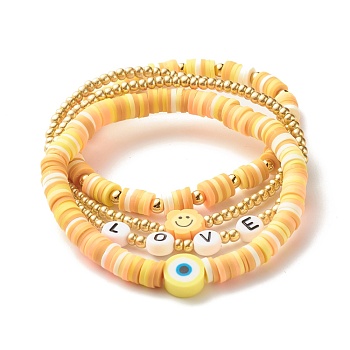Handmade Polymer Clay Heishi Beads Stretch Bracelets Set, Love Word Acrylic Beads Bracelets, Smiling Face and Evil Eye Beads Lucky Bracelets, Brass Round Beads Bracelets for Women, Golden, Orange, Inner Diameter: 1-7/8~2 1/8 inch(4.8~5.3cm), 4pcs/set