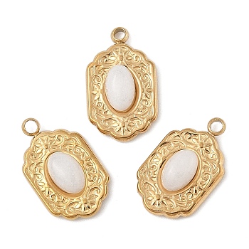 304 Stainless Steel Pave Natural White Jade Pendants, Oval Charms, Real 18K Gold Plated, PVD Vacuum Plating, 16x9.5x4mm, Hole: 1.5mm