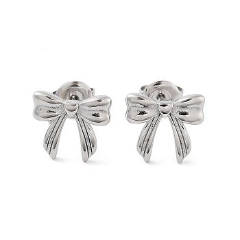 304 Stainless Steel Stud Earrings, Bowknot, Stainless Steel Color, 10.5x12mm