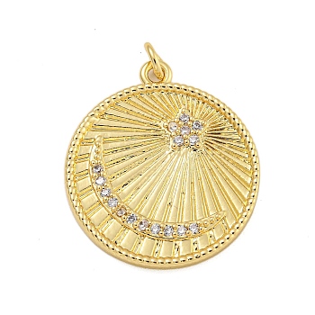 Rack Plating Brass Micro Pave Cubic Zirconia Pendants, with Jump Ring, Long-Lasting Plated, Cadmium Free & Lead Free, Flat Round with Moon & Star, Real 18K Gold Plated, 25x22.5x2.5mm, Hole: 2.5mm