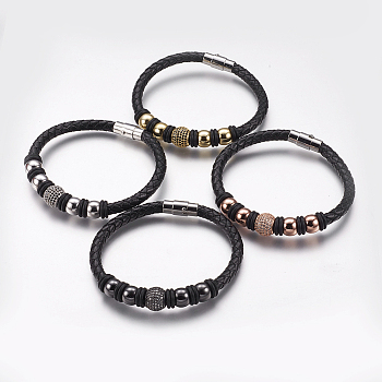 Cowhide Leather Cord Bracelets, with Brass Micro Pave Cubic Zirconia Bead and Stainless Steel Magnetic Clasps, Round, Mixed Color, 2-3/8 inch~2-1/2 inch(62~66mm), 6mm