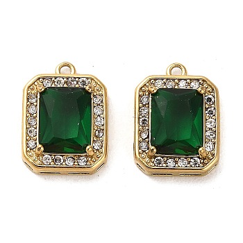 Real 14K Gold Plated 304 Stainless Steel Pendants, with Glass Rhinestone, Rectangle Charms, Green, 15.5x11.5x5mm, Hole: 1.2mm