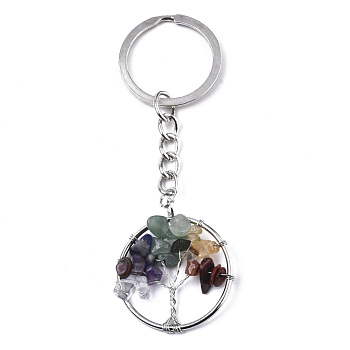 Natural Mixed Gemstone Chips Chakra Keychain, with Platinum Plated Stainless Steel Split Key Rings, Flat Round with Tree, 90mm