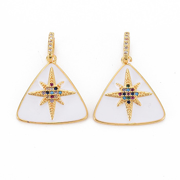 Brass Micro Pave Colorful Cubic Zirconia Pendants, with Enamel, Nickel Free, Real 18K Gold Plated, Triangle, White, 20x20x2mm, Hole: 7X3.5mm