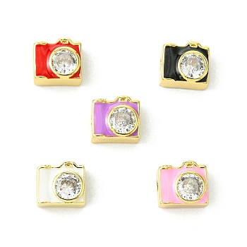 5Pcs 5 Colors Brass Pave Clear Cubic Zirconia Beads, Camera, with Enamel, Long-Lasting Plated, Real 18K Gold Plated, Mixed Color, 9x10x6mm, Hole: 2mm, 1pc/color