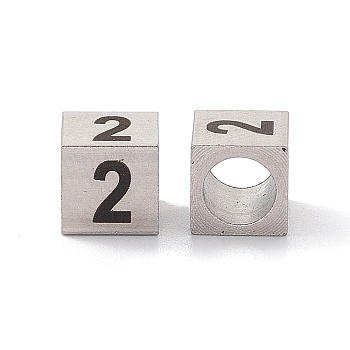 303 Stainless Steel European Beads, Large Hole Beads, Cube with Number, Stainless Steel Color, Num.2, 7x7x7mm, Hole: 5mm