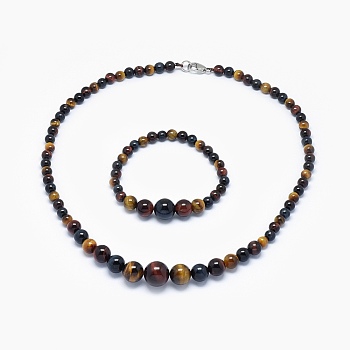 Natural Tiger Eye Graduated Beads Necklaces and Bracelets Jewelry Sets, with Brass Lobster Claw Clasps, 17.5 inch(44.5cm), 2 inch(5cm)