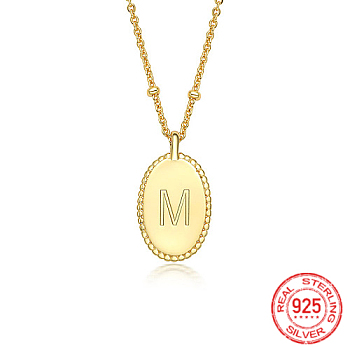 925 Sterling Silver Letter Initial Oval Pendant Necklaces for Women, with Cable Chains, Real 18K Gold Plated, Letter M, 15.75 inch(40cm)