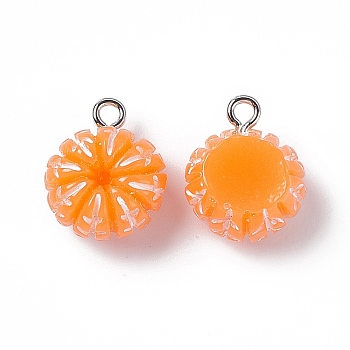 Opaque Resin Imitation Fruit Pendants, Tangerine Charms, with Platinum Tone Iron Loops, Dark Orange, 16x14x11mm, Hole: 2mm