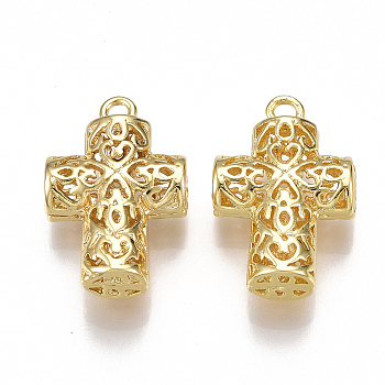 Brass Pendants, Hollow, Cross, Nickel Free, Real 18K Gold Plated,20.5x13x6mm, Hole: 1.8mm