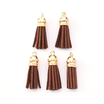 Faux Suede Tassel Pendant Decorations, with CCB Plastic Cord Ends, Light Gold, Camel, 33~35x10mm, Hole: 2.5mm