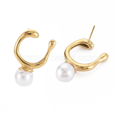 304 Stainless Steel U-shape Stud Earrings with ABS Platic Pearl for Women(EJEW-N016-017LG)-5