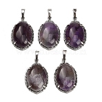 Natural Amethyst Pendants, Brass Oval Charms, Antique Silver, 33.5~34x21x10mm, Hole: 8x5mm(G-Q350-02J)