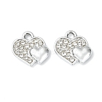 Alloy Crystal Rhinestone Pendants, Heart Charms, UV Plating, Platinum, 12x12x2mm, Hole: 1.8mm(ALRI-T012-01A-P)