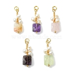 Natural Gemstone and Pearl Copper Wire Wrapped Pendants, Faceted Square Charms, Golden, 28x9x5mm, Hole: 3mm(PALLOY-JF05841)