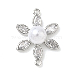 Brass Pave Cubic Zirconia Connector Charms, Flower Charms with ABS Plastic Imitation Pearl, White, Long-Lasting Plated, Cadmium Free & Lead Free, Rack Plating, Platinum, 22x16x8mm, Hole: 1mm(KK-P342-04P)