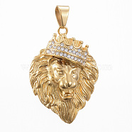 304 Stainless Steel Big Pendants, with Rhinestone, Lion, Golden, 53x38x15mm, Hole: 11x8mm(X-STAS-H419-09G)