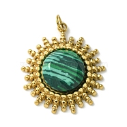 Ion Plating(IP) 304 Stainless Steel Pave Faceted Synthetic Malachite Pendants, Sun Charms, Real 14K Gold Plated, 22x19.5x5mm(FIND-Z028-38D)