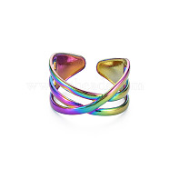 Rainbow Color 304 Stainless Steel Criss Cross Cuff Ring, Hollow Open Ring for Women, US Size 9 1/2(19.3mm)(RJEW-N038-036M)