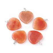 Natural Red Aventurine Pendants, with Silver Color Plated Alloy Findings, Heart, 26~28x25~26x4.5~5mm, Hole: 2.5x5.5mm(G-S219-09B)