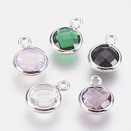 Glass Charms, with Brass Findings, Faceted Flat Round, Nickel Free, Real Platinum Plated, Mixed Color, 9.5x7x3mm, Hole: 1.2mm(KK-Q752-006P)