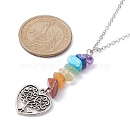 Alloy Heart with Tree Pendant Necklace with 304 Stainless Steel Cable Chains, Natural & Synthetic Mixed Gemstone Chips Beaded Necklace, Antique Silver & Stainless Steel Color, 17.60 inch(44.7cm)(NJEW-JN04459)