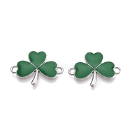 Rack Plating Alloy Green Enamel Shamrock Connector Charms, Saint Patrick's Day Clover Links, Platinum, 16x22.5x1.5mm, Hole: 1.8mm(ENAM-N056-354P)