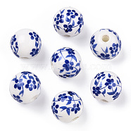 Handmade Porcelain Beads, Blue and White Porcelain, Round with Flower, Blue, 12mm, Hole: 2mm(PORC-E021-02D)