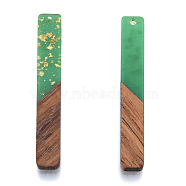 Opaque Resin & Walnut Wood Big Pendants, with Gold Foil, Rectangle Charm, Medium Sea Green, 51.5x7.5x3mm, Hole: 1.8mm(RESI-N025-034-E01)