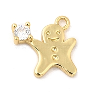 Rack Plating Brass Pave Cubic Zirconia Pendants, Long-Lasting Plated, Cadmium Free & Lead Free, Gingerbread Man, Real 18K Gold Plated, 12.5x12x3mm, Hole: 1.2mm(KK-R150-01G)
