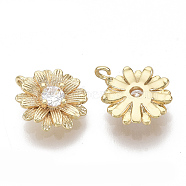 Brass Cubic Zirconia Charms, Nickel Free, Flower, Clear, Real 18K Gold Plated, 11x9x3.5mm, Hole: 0.9mm(KK-S355-014-NF)