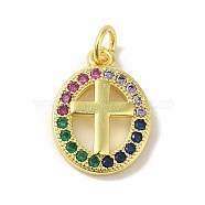 Brass Micro Pave Cubic Zirconia Pendants, Real 18K Gold Plated, Cross Charms, Colorful, 16x11.5x2mm, Hole: 3mm(KK-M283-20D-02)