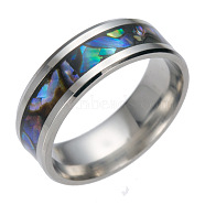 201 Stainless Steel Wide Band Finger Rings, with Shell, Size 8, Stainless Steel Color, 18.2mm(RJEW-T005-8-07)